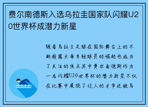 费尔南德斯入选乌拉圭国家队闪耀U20世界杯成潜力新星 费尔南德斯入选乌拉圭国家队闪耀U20世界杯成潜力新星